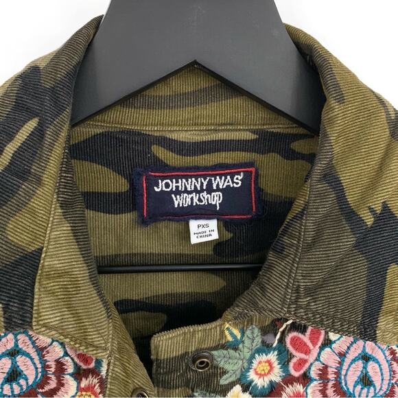 JOHNNY WAS Workshop Raquel Corduroy Embroidered Shacket Green Camo PXS - Picture 5 of 10